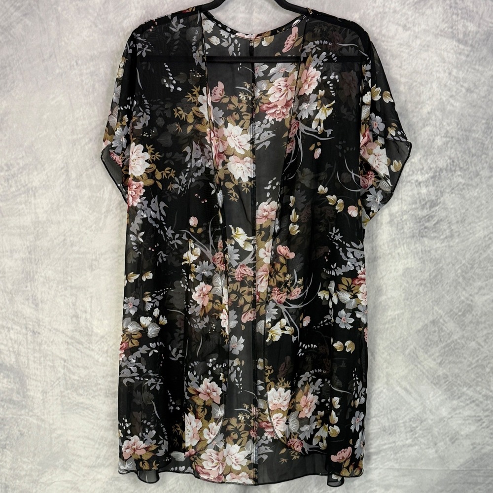 Womens Black Floral Sheer Kimono Cardigan Duster Lightweight‎ cover-up sz M